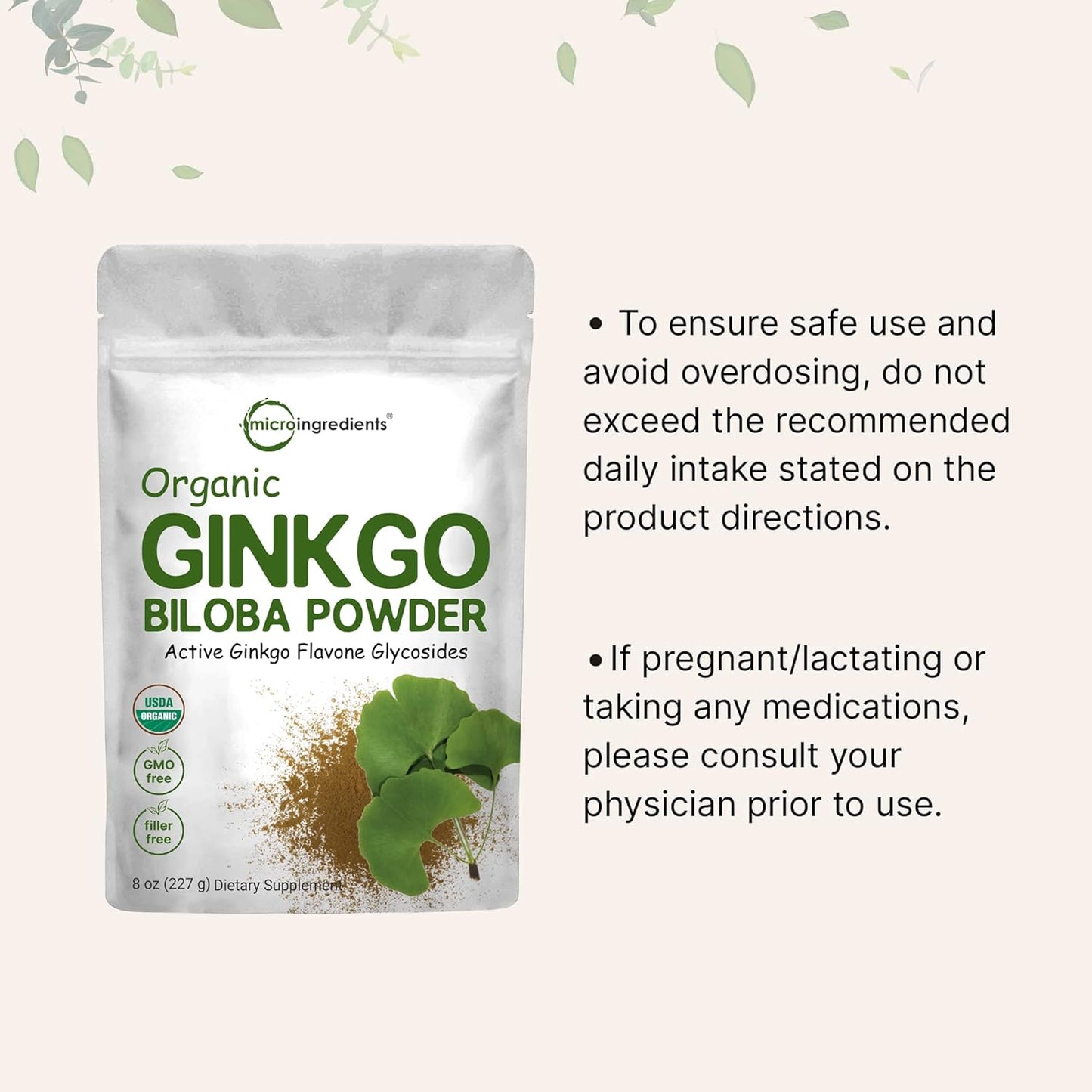 Organic Ginkgo Biloba Powder - 8oz - Brain Function Support - Non-GMO & Vegan - Filler-Free - 18 Month Supply