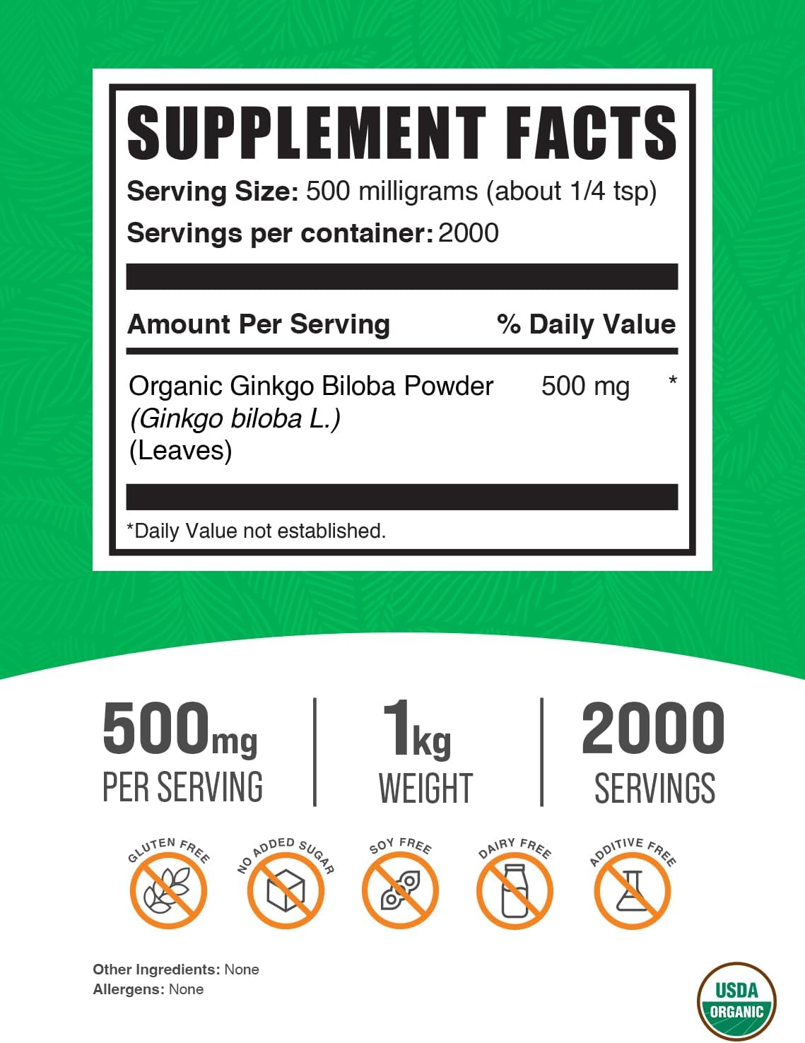 Organic Ginkgo Biloba Powder - Vegan Ginkgo Biloba Supplements - 500mg per Serving - 1kg (2.2 lbs) - Bulk Ginkgo Biloba Leaf Powder