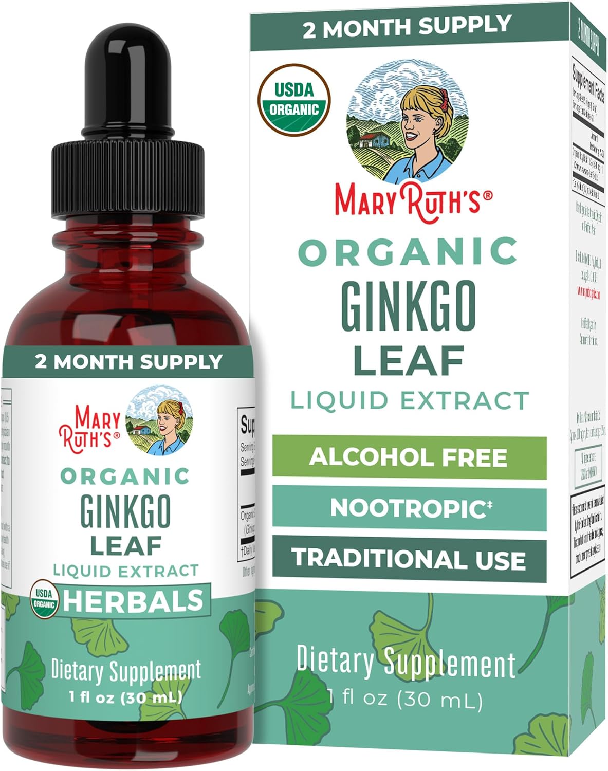 Organic Ginkgo Leaf Liquid Drops for Circulatory and Nervous System Health - Herbal Nootropic Supplement - USDA Certified - Vegan - 60 Servings