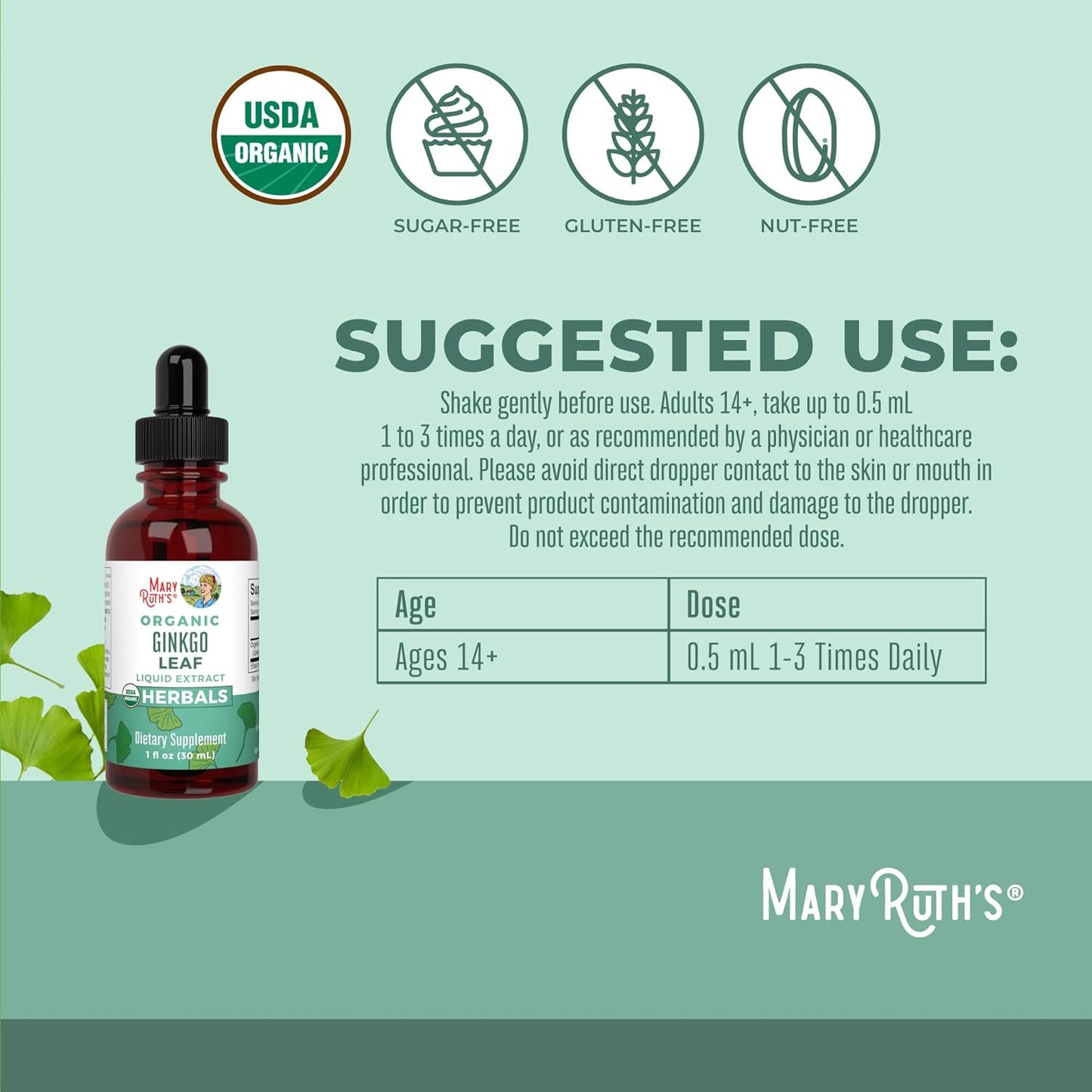 Organic Ginkgo Leaf Liquid Drops for Circulatory and Nervous System Health - Herbal Nootropic Supplement - USDA Certified - Vegan - 60 Servings