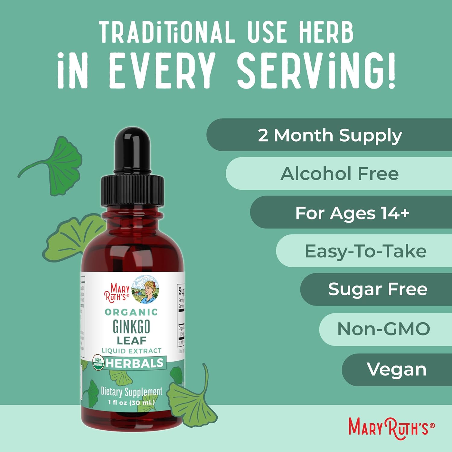 Organic Ginkgo Leaf Liquid Drops for Circulatory and Nervous System Health - Herbal Nootropic Supplement - USDA Certified - Vegan - 60 Servings