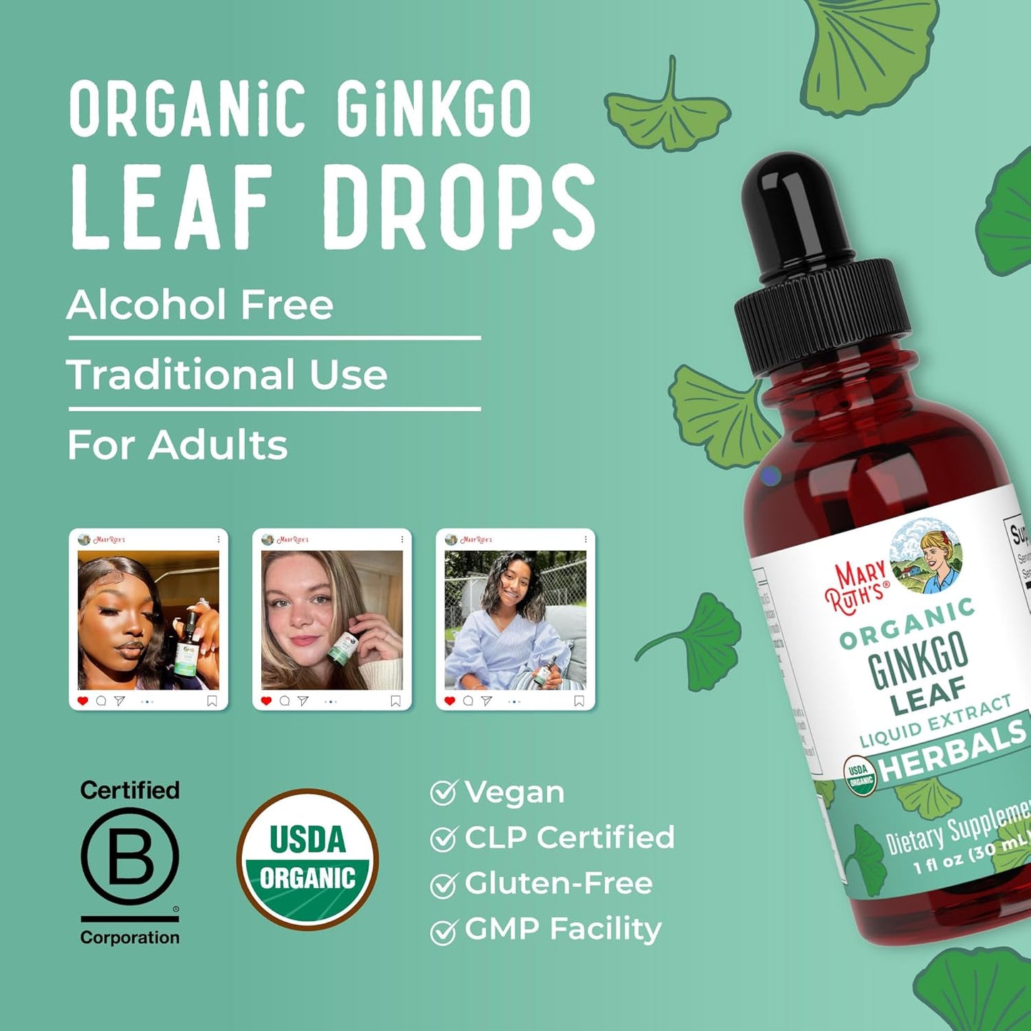 Organic Ginkgo Leaf Liquid Drops for Circulatory and Nervous System Health - Herbal Nootropic Supplement - USDA Certified - Vegan - 60 Servings