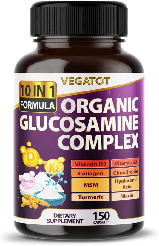 Organic Glucosamine Complex with Collagen & Chondroitin - Joint & Bones Support - Made in USA - 150 Count