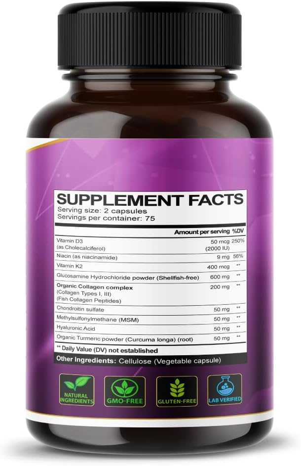 Organic Glucosamine Complex with Collagen & Chondroitin - Joint & Bones Support - Made in USA - 150 Count