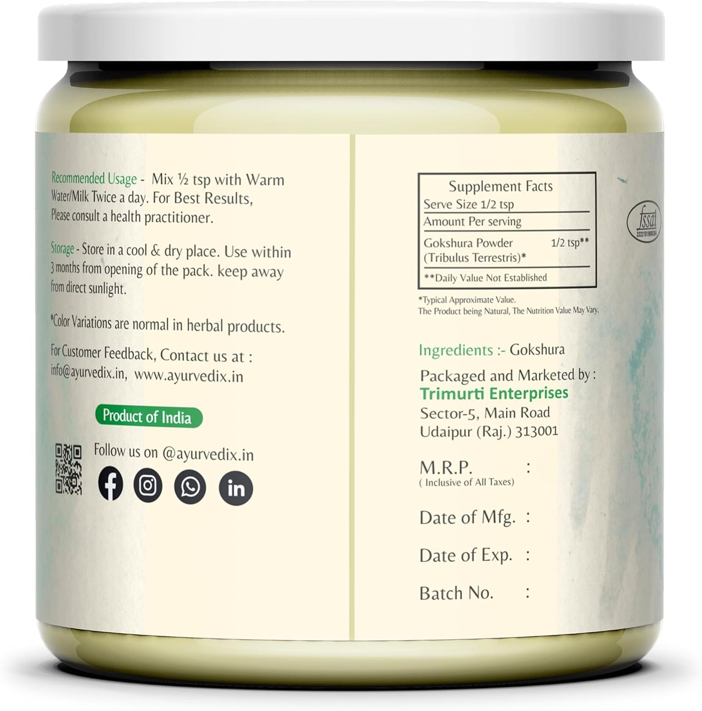Organic Gokhru Powder - Non-GMO, Gluten Free (200g/7.05oz) by Ayurvedix