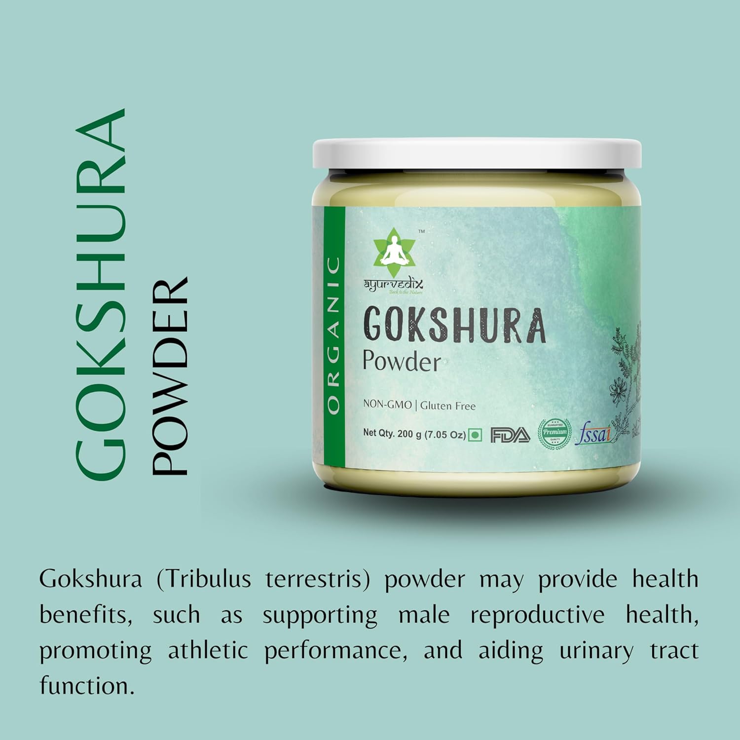 Organic Gokhru Powder - Non-GMO, Gluten Free (200g/7.05oz) by Ayurvedix