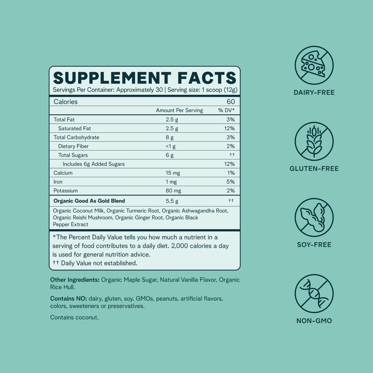 Organic Golden Milk Powder with Ayurvedic Turmeric, Adaptogens, Ashwagandha, Reishi, Ginger - Maple & Vanilla Flavor, 30 Servings