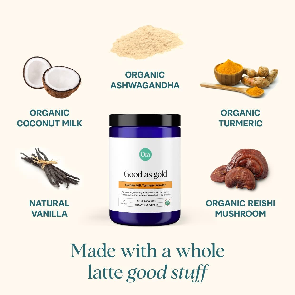 Organic Golden Milk Powder with Ayurvedic Turmeric, Adaptogens, Ashwagandha, Reishi, Ginger - Maple & Vanilla Flavor, 30 Servings