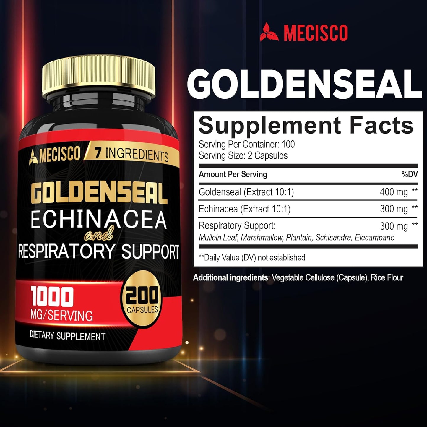 Organic Goldenseal Root Capsules with Echinacea, Mullein Leaf, Plantain - Immune Support & Digestive Health - 200 Capsules