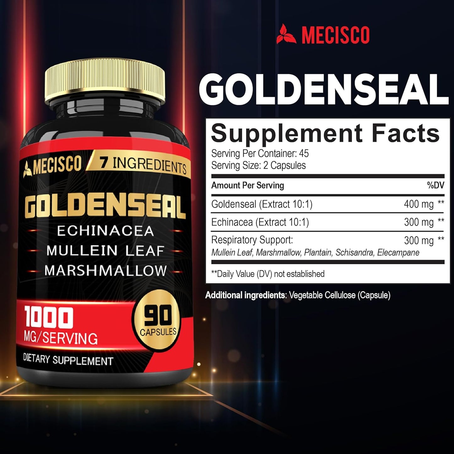 Organic Goldenseal Root Capsules with Echinacea, Mullein Leaf, Plantain - 90 Veggie Capsules for Immune & Digestive Health
