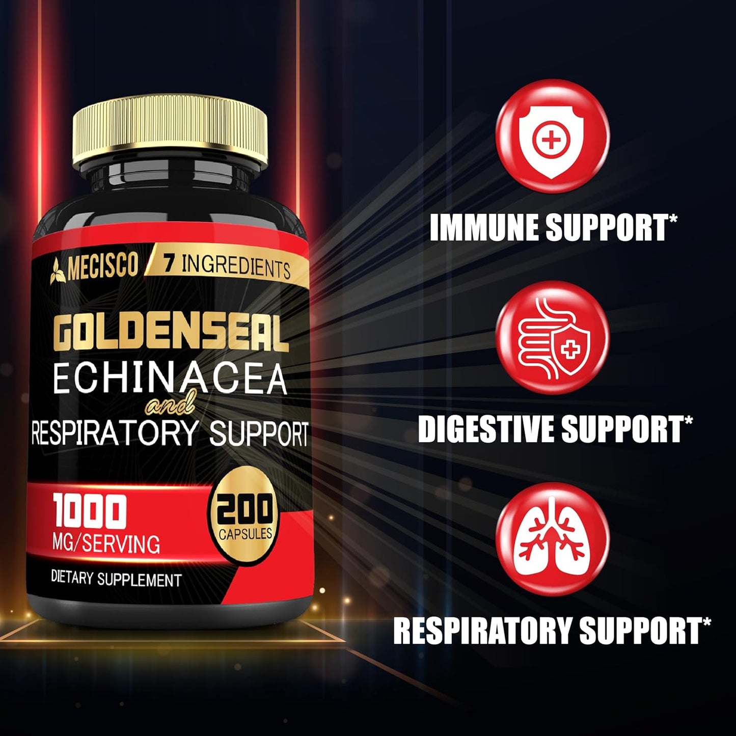 Organic Goldenseal Root Capsules with Echinacea, Mullein Leaf, Plantain - Immune Support & Digestive Health - 200 Capsules