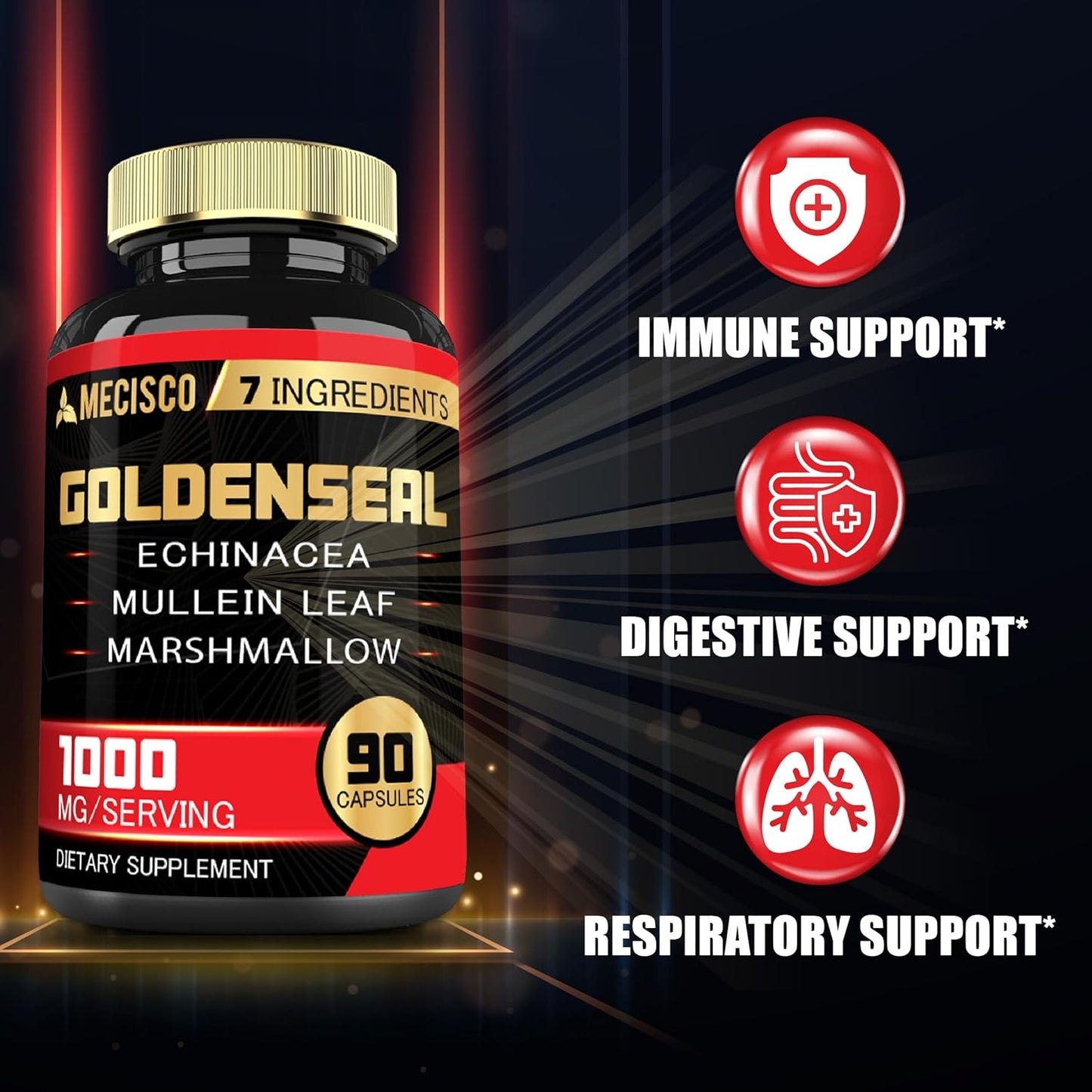 Organic Goldenseal Root Capsules with Echinacea, Mullein Leaf, Plantain - 90 Veggie Capsules for Immune & Digestive Health