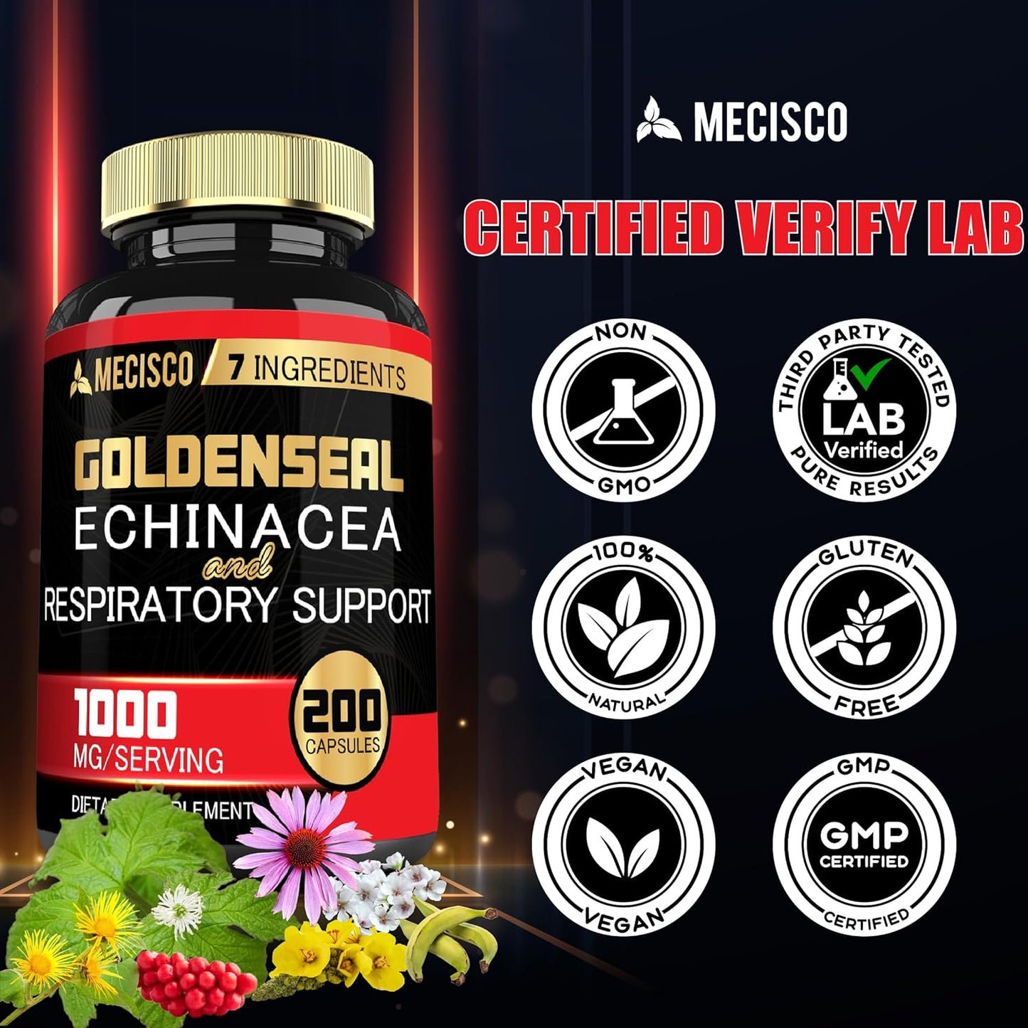 Organic Goldenseal Root Capsules with Echinacea, Mullein Leaf, Plantain - Immune Support & Digestive Health - 200 Capsules