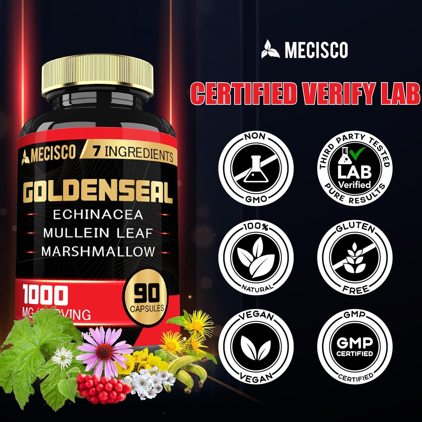 Organic Goldenseal Root Capsules with Echinacea, Mullein Leaf, Plantain - 90 Veggie Capsules for Immune & Digestive Health
