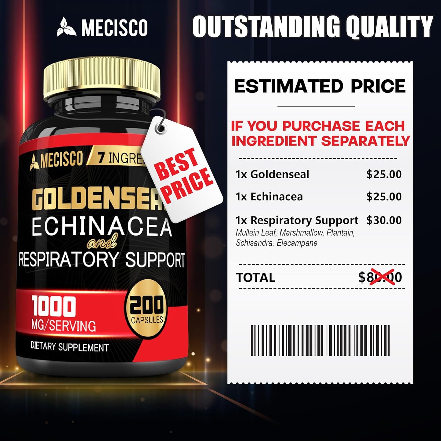 Organic Goldenseal Root Capsules with Echinacea, Mullein Leaf, Plantain - Immune Support & Digestive Health - 200 Capsules