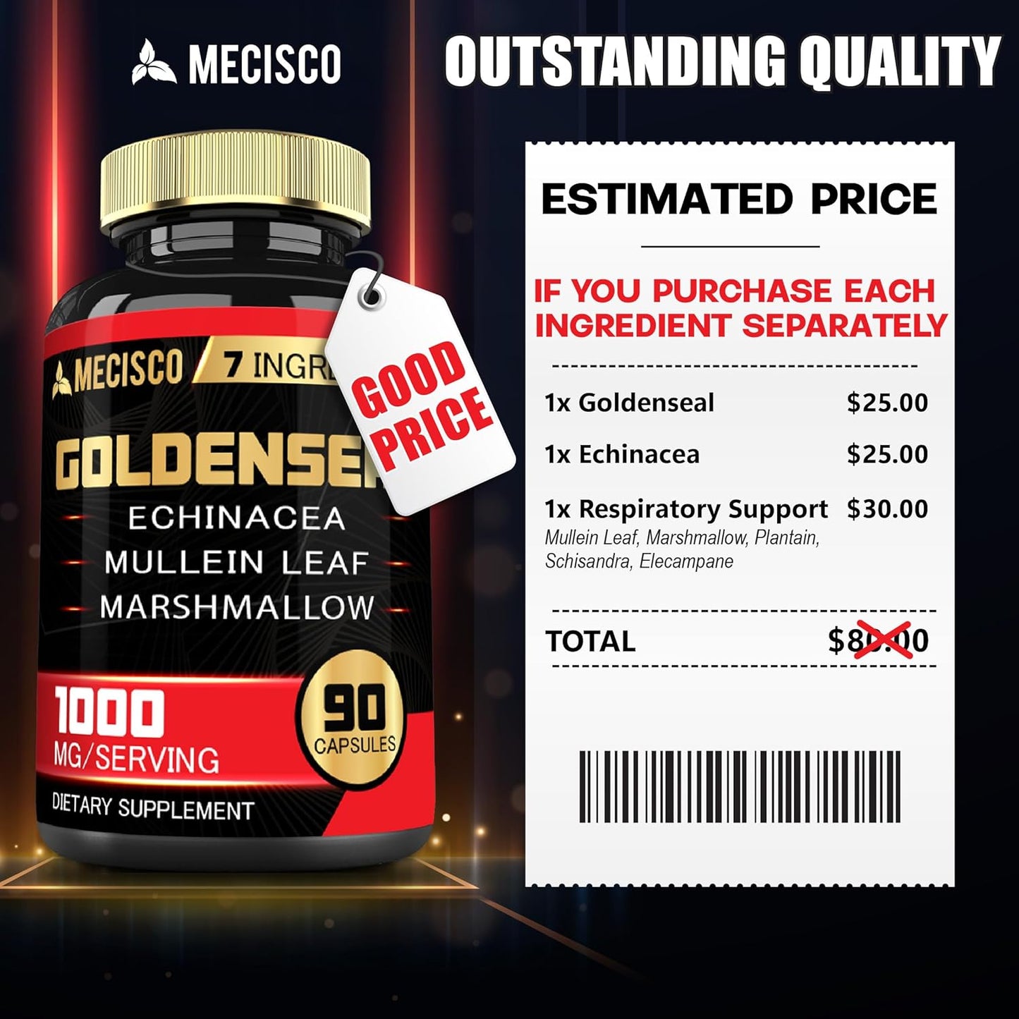 Organic Goldenseal Root Capsules with Echinacea, Mullein Leaf, Plantain - 90 Veggie Capsules for Immune & Digestive Health