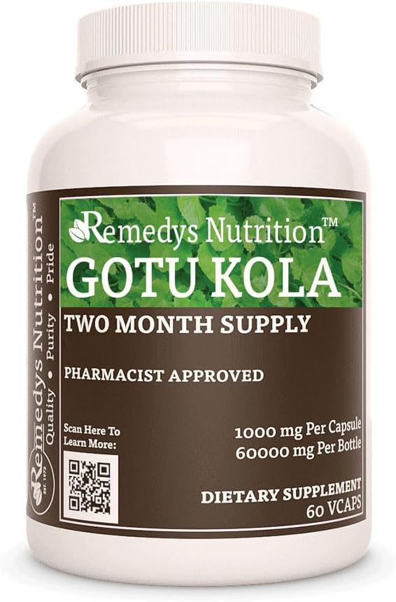 Organic Gotu Kola (Brahmi) 1,000mg Capsules | 60 Count Vegan Dietary Supplement | Non-GMO, Gluten Free, Dairy Free