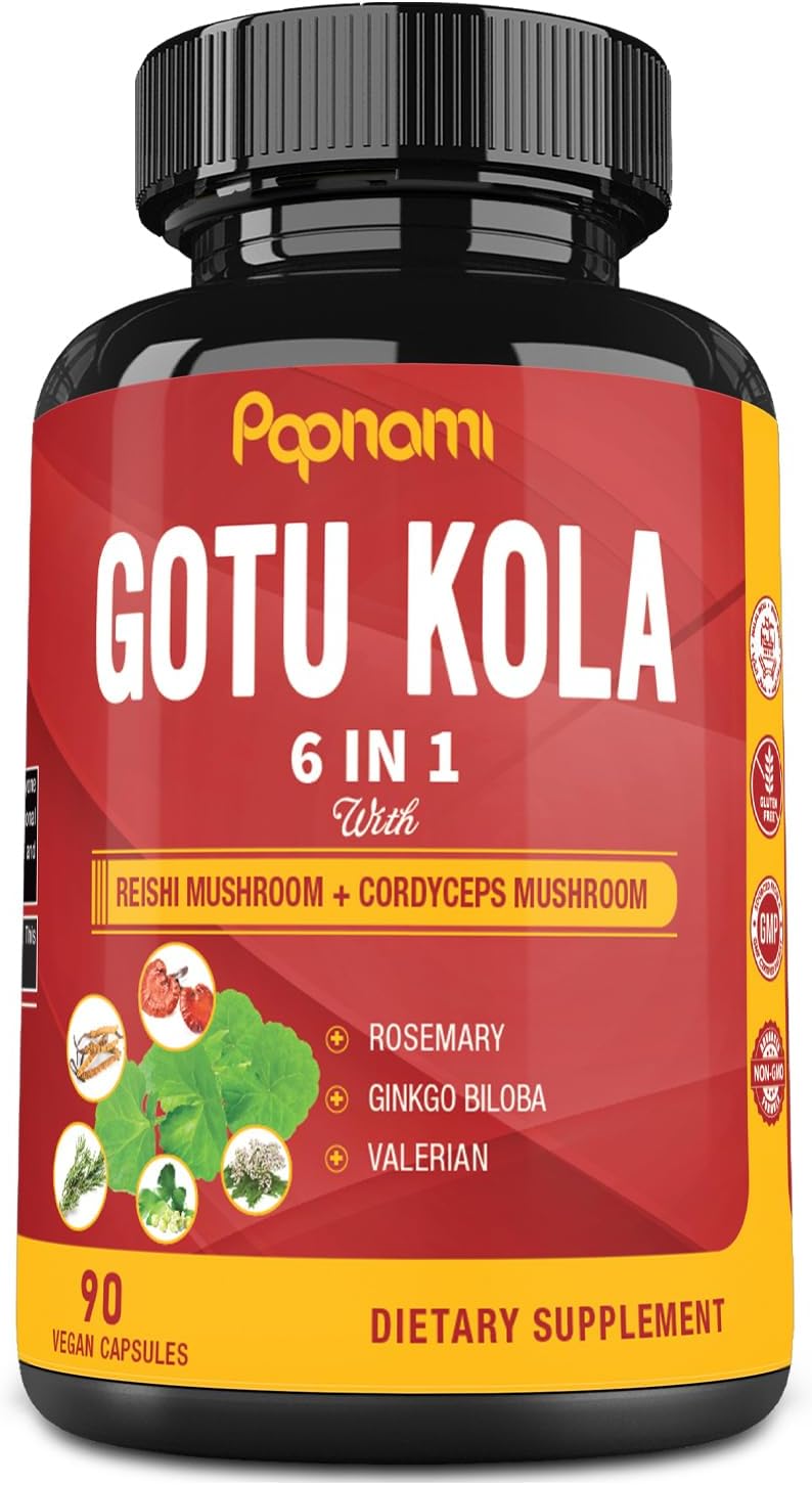 Organic Gotu Kola Extract Capsules with Reishi, Cordyceps, Rosemary, Gingko Biloba & Valerian Root - 90 Count - Brain, Immunity, Skin & Heart Health Support for 3 Months
