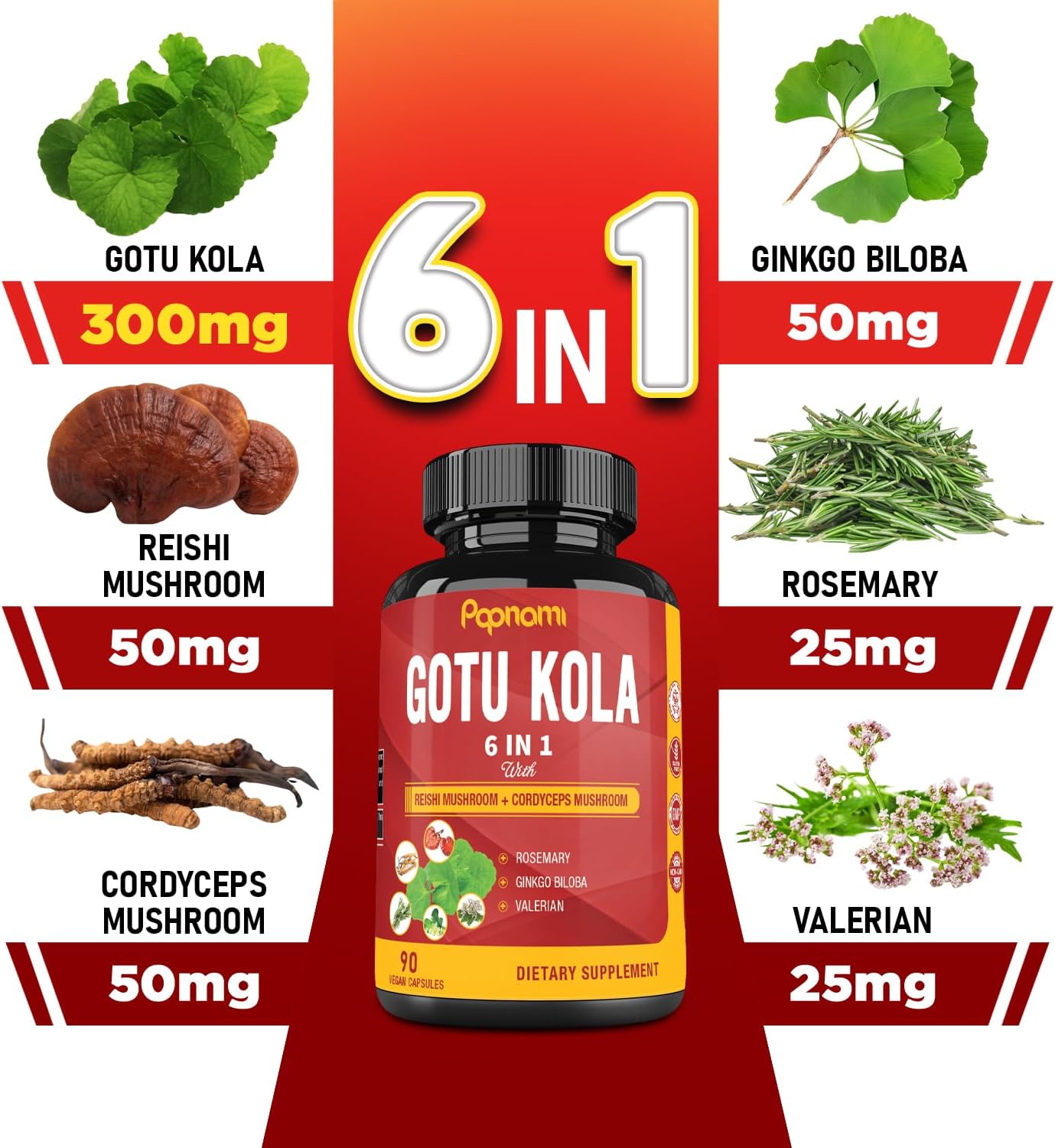Organic Gotu Kola Extract Capsules with Reishi, Cordyceps, Rosemary, Gingko Biloba & Valerian Root - 90 Count - Brain, Immunity, Skin & Heart Health Support for 3 Months