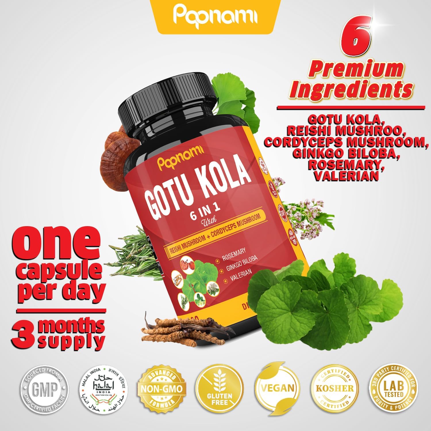 Organic Gotu Kola Extract Capsules with Reishi, Cordyceps, Rosemary, Gingko Biloba & Valerian Root - 90 Count - Brain, Immunity, Skin & Heart Health Support for 3 Months