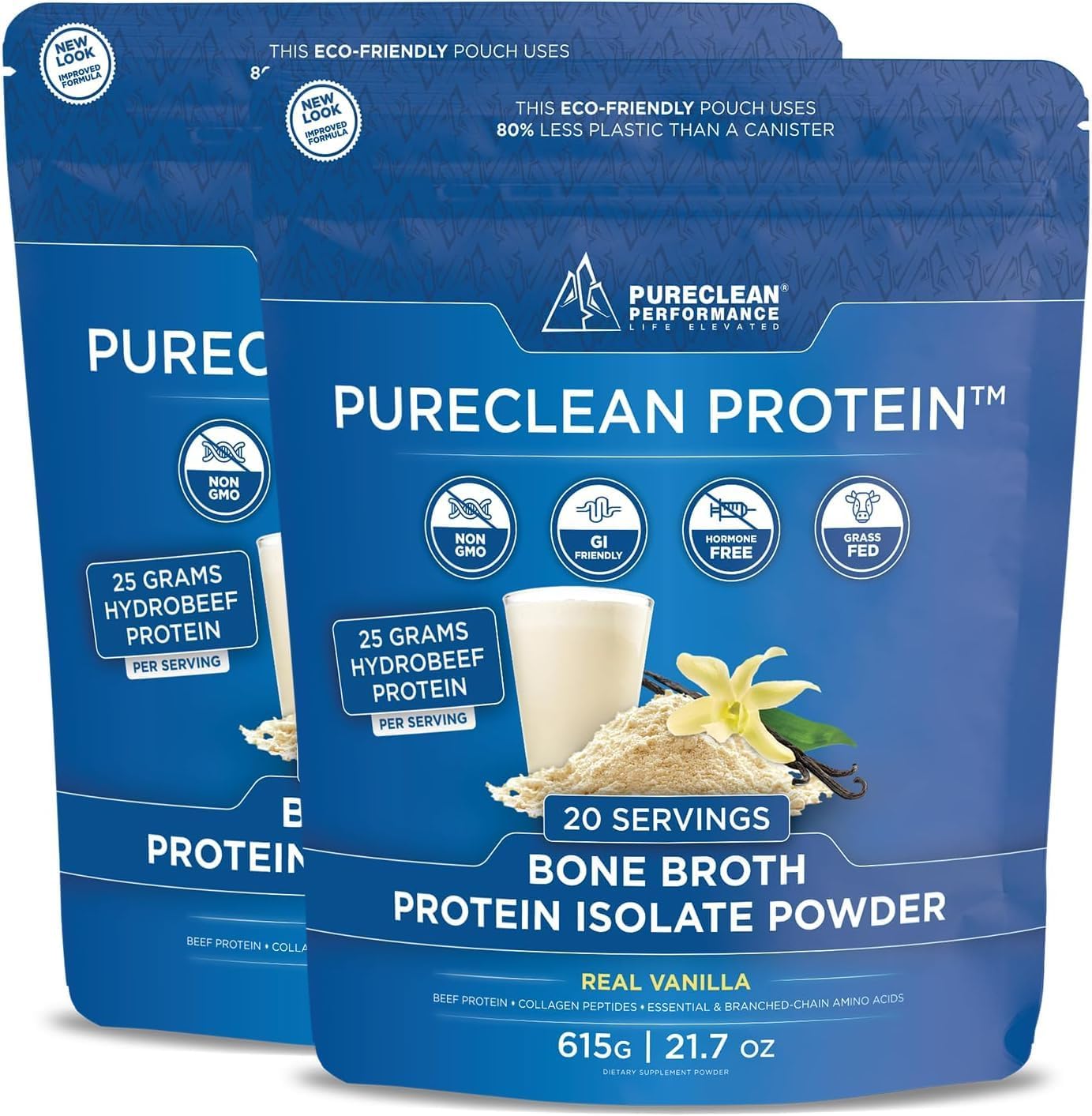 Organic Grass Fed Beef Bone Broth Protein with Collagen Peptides - 25g Protein, Paleo & Keto, Dairy-Free Vanilla (2 Bags)