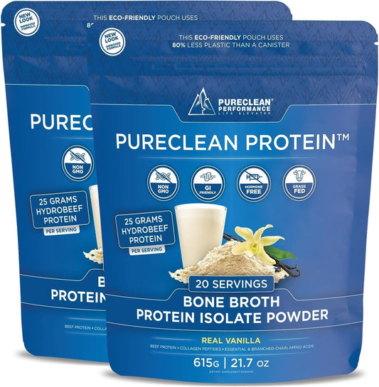Organic Grass Fed Beef Bone Broth Protein with Collagen Peptides - 25g Protein, Paleo & Keto, Dairy-Free Vanilla (2 Bags)