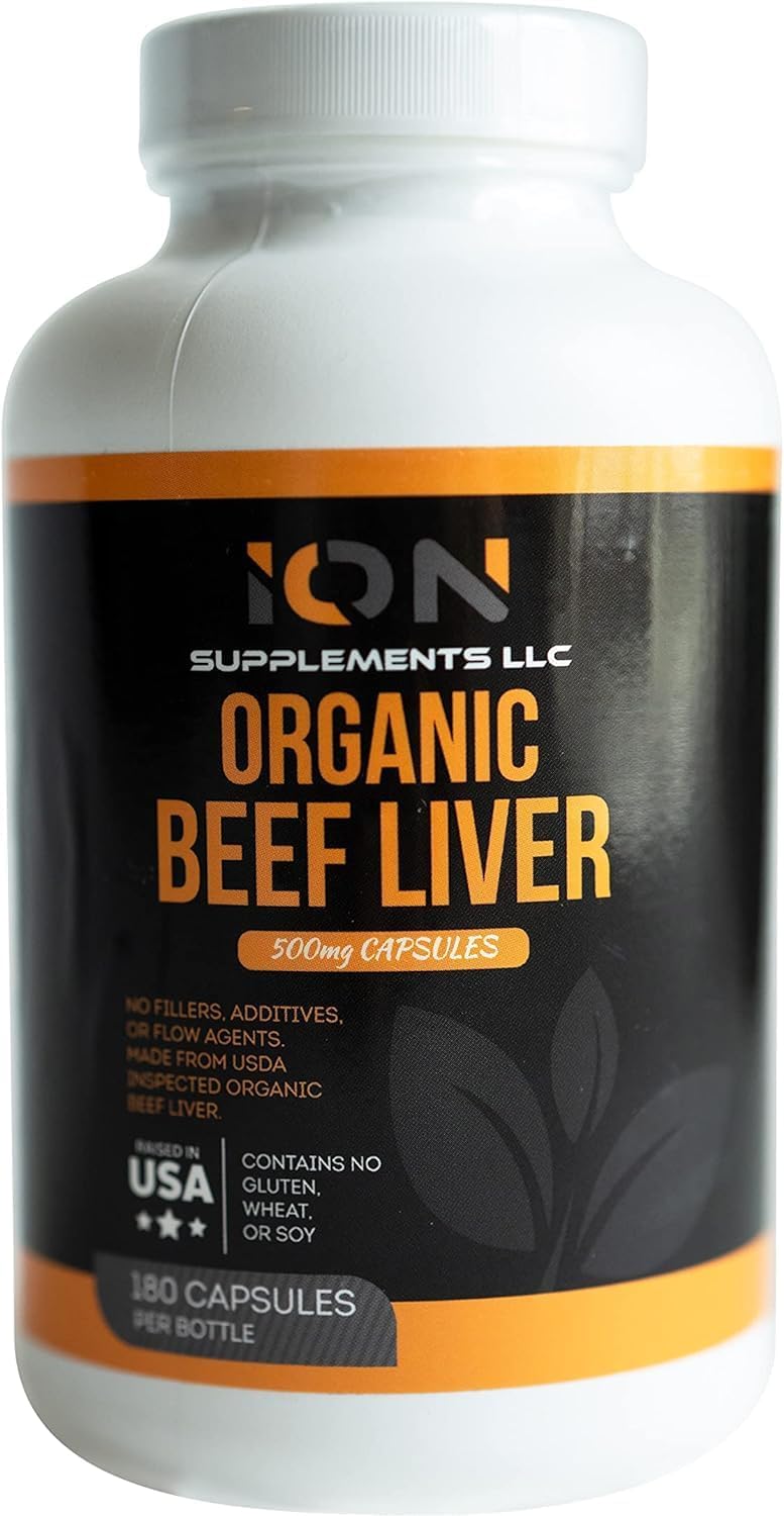 Organic Grass Fed Beef Liver Capsules - 180 Count - Rich in Iron, Vitamin A, B Vitamins, and Collagen - Promotes Energy, Detox, Wellness - Ancestral Paleo Living - Ion Supplements