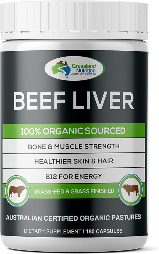 Organic Grass-Fed Beef Liver Capsules for Energy, Iron, and Vitamin A - 100% Sourced, 180 Count