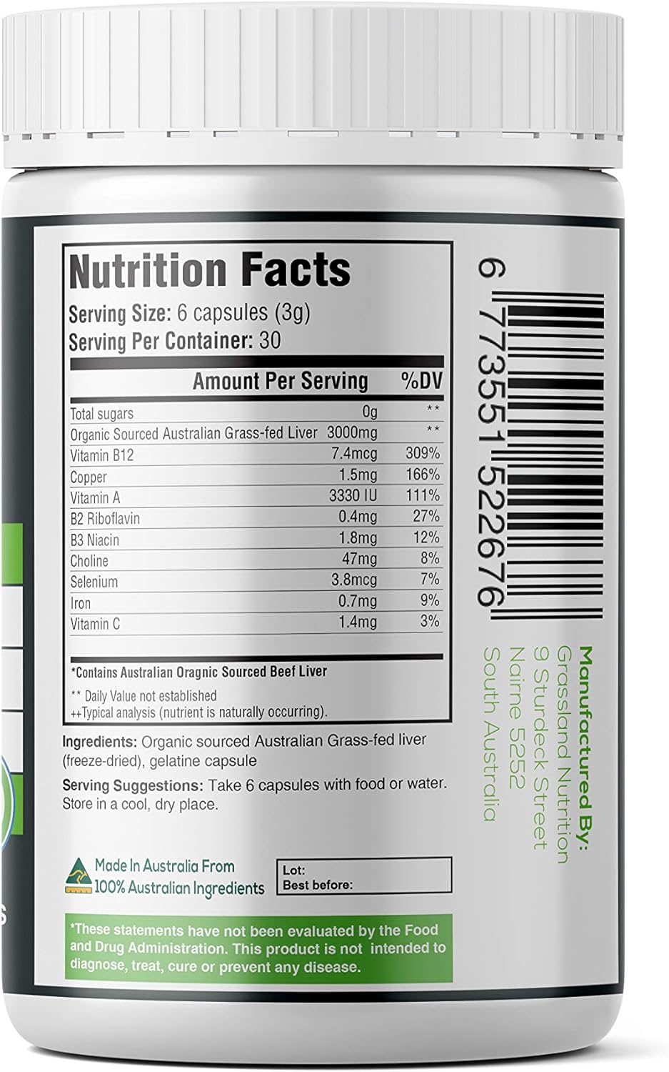 Organic Grass-Fed Beef Liver Capsules for Energy, Iron, and Vitamin A - 100% Sourced, 180 Count