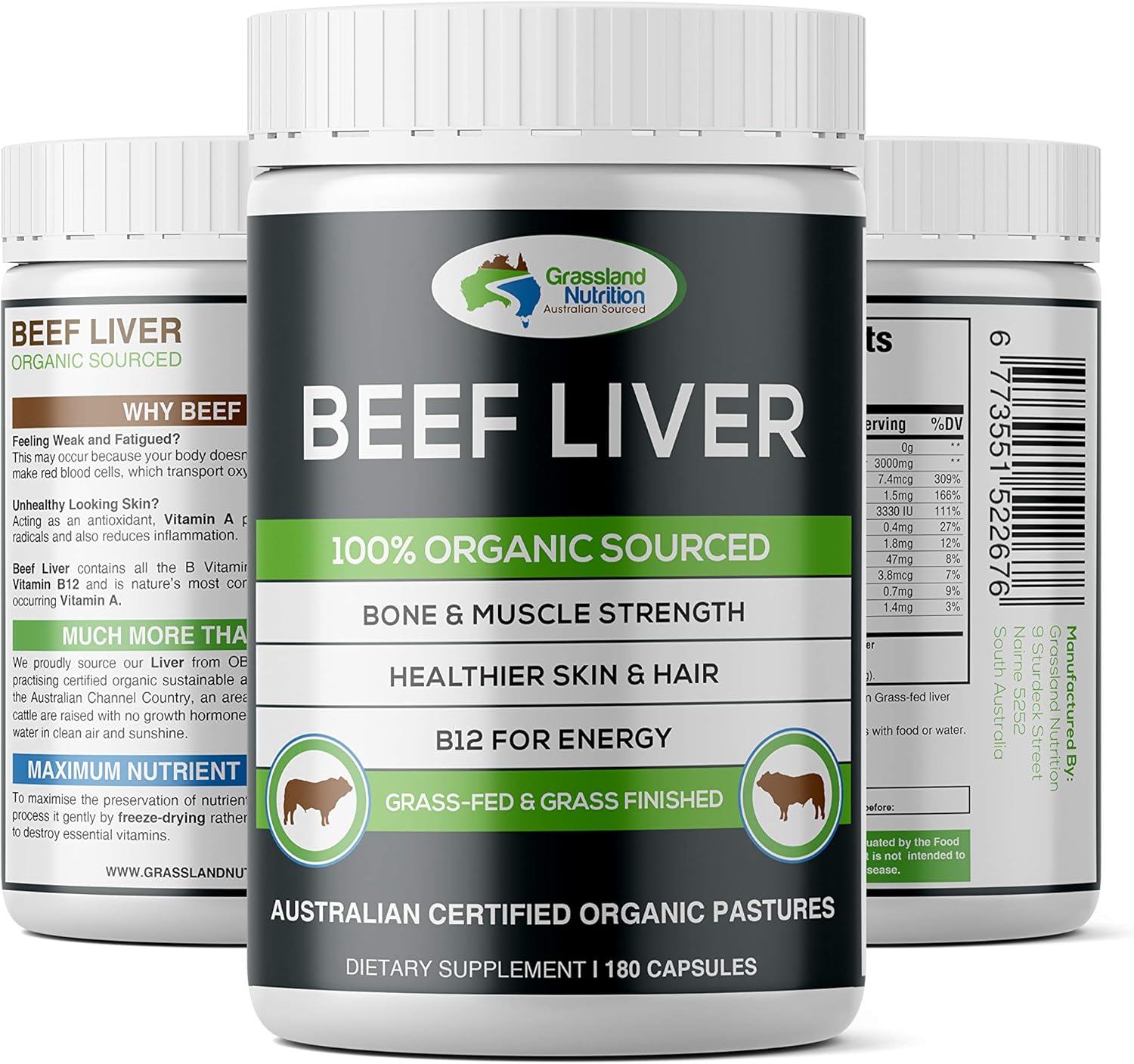 Organic Grass-Fed Beef Liver Capsules for Energy, Iron, and Vitamin A - 100% Sourced, 180 Count