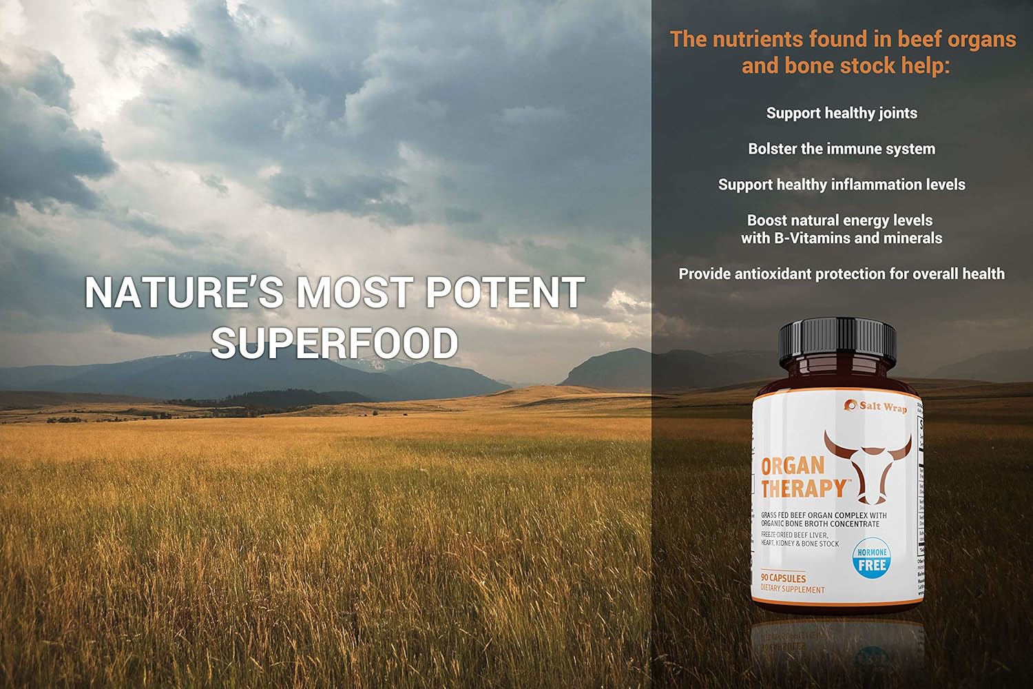 Organic Grass-Fed Beef Organ Meat Complex Supplement with Bone Broth - Liver, Heart, Kidney, Bone Broth Capsules with BioPerine - 90 Capsules