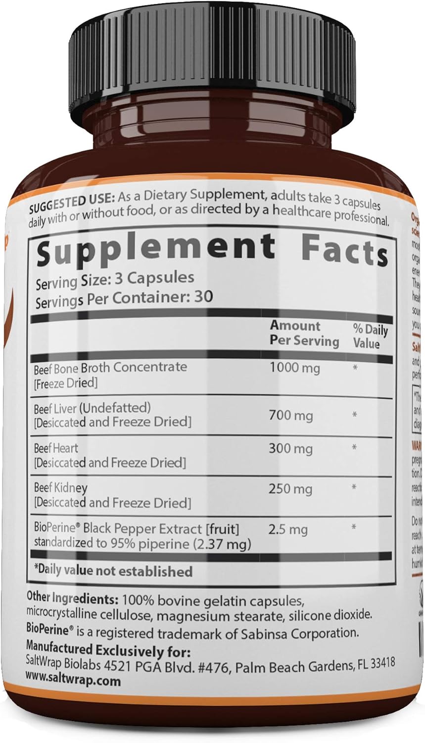 Organic Grass-Fed Beef Organ Meat Complex Supplement with Bone Broth - Liver, Heart, Kidney, Bone Broth Capsules with BioPerine - 90 Capsules
