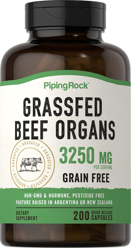 Organic Grass Fed Beef Organs Supplement Capsules | 3250 mg | Liver, Kidney, Pancreas, Heart, Spleen | Non-GMO, Gluten Free