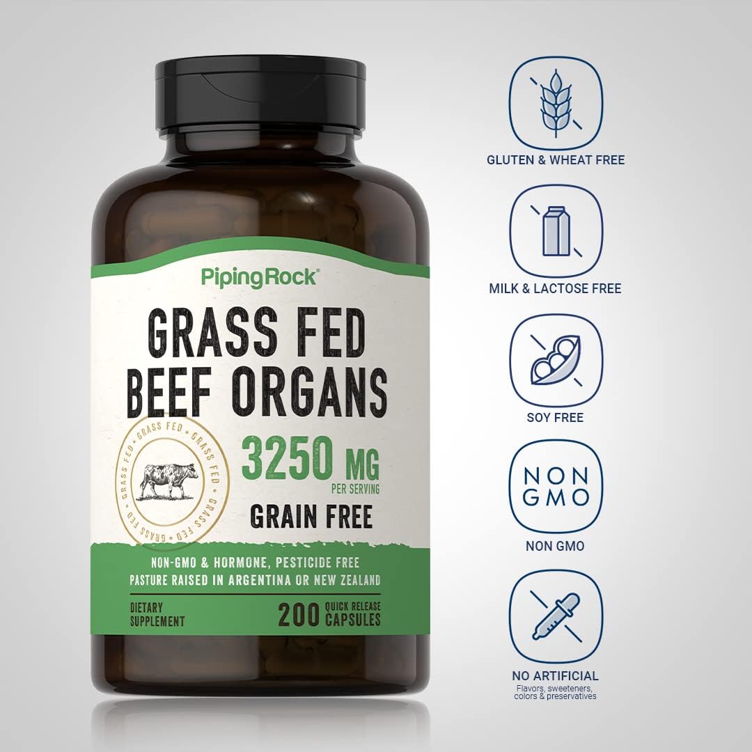 Organic Grass Fed Beef Organs Supplement Capsules | 3250 mg | Liver, Kidney, Pancreas, Heart, Spleen | Non-GMO, Gluten Free
