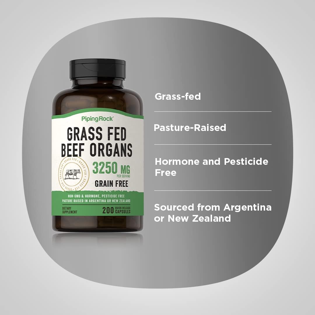 Organic Grass Fed Beef Organs Supplement Capsules | 3250 mg | Liver, Kidney, Pancreas, Heart, Spleen | Non-GMO, Gluten Free