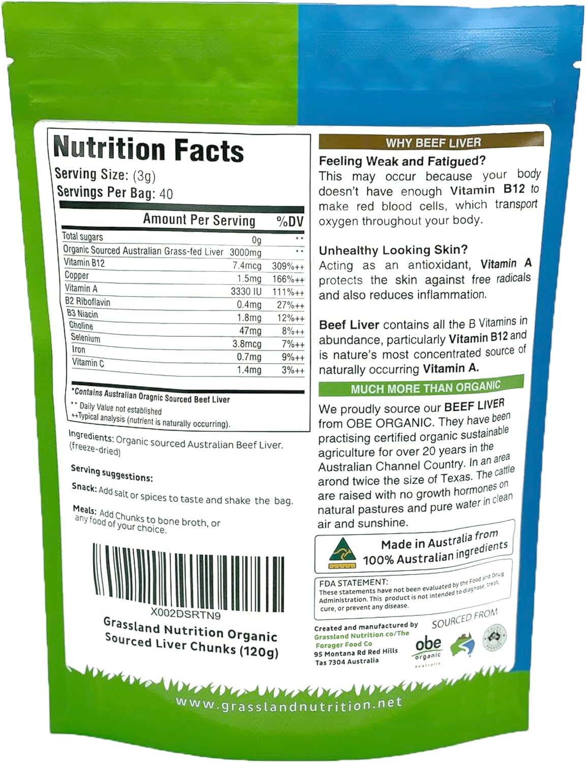 Organic Grassland Nutrition Liver Chunks - High in Iron, Vitamin A & B12 for Energy (120g)