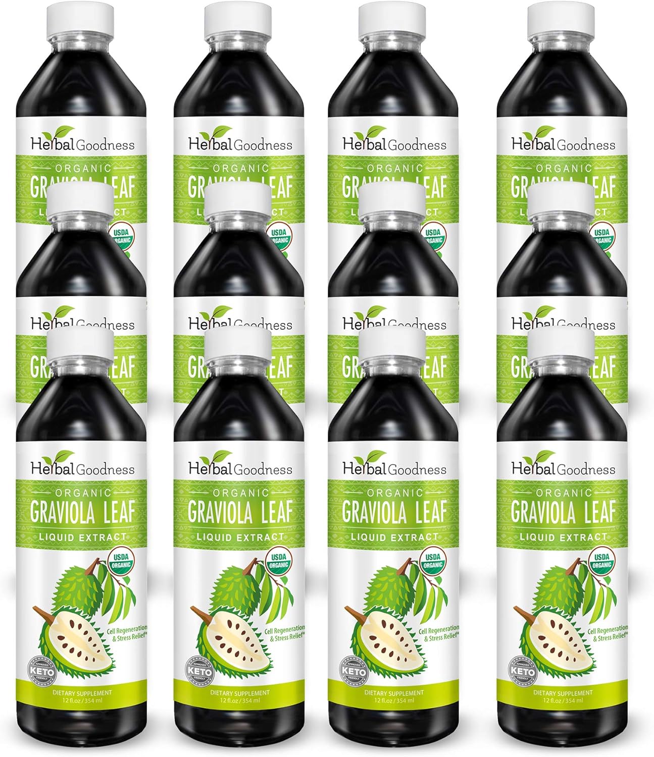 Organic Graviola Leaf Extract 15X Strength - Soursop Liquid Supplement for Cell Support, Stress Relief, and Immune Boost - 12oz x 12 bottles