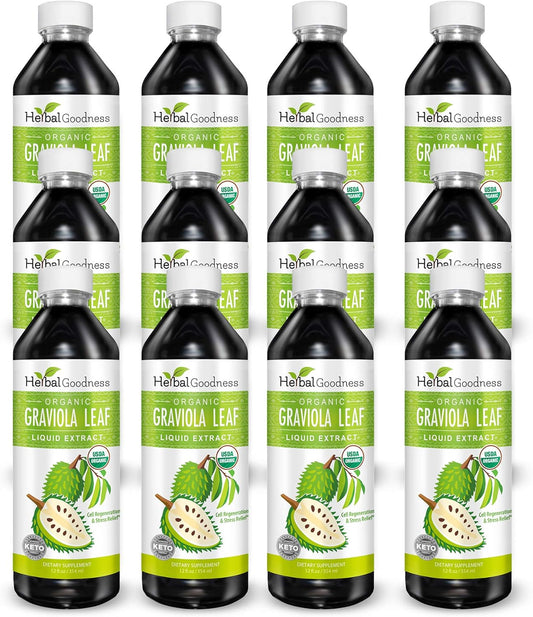Organic Graviola Leaf Extract 15X Strength - Soursop Liquid Supplement for Cell Support, Stress Relief, and Immune Boost - 12oz x 12 bottles