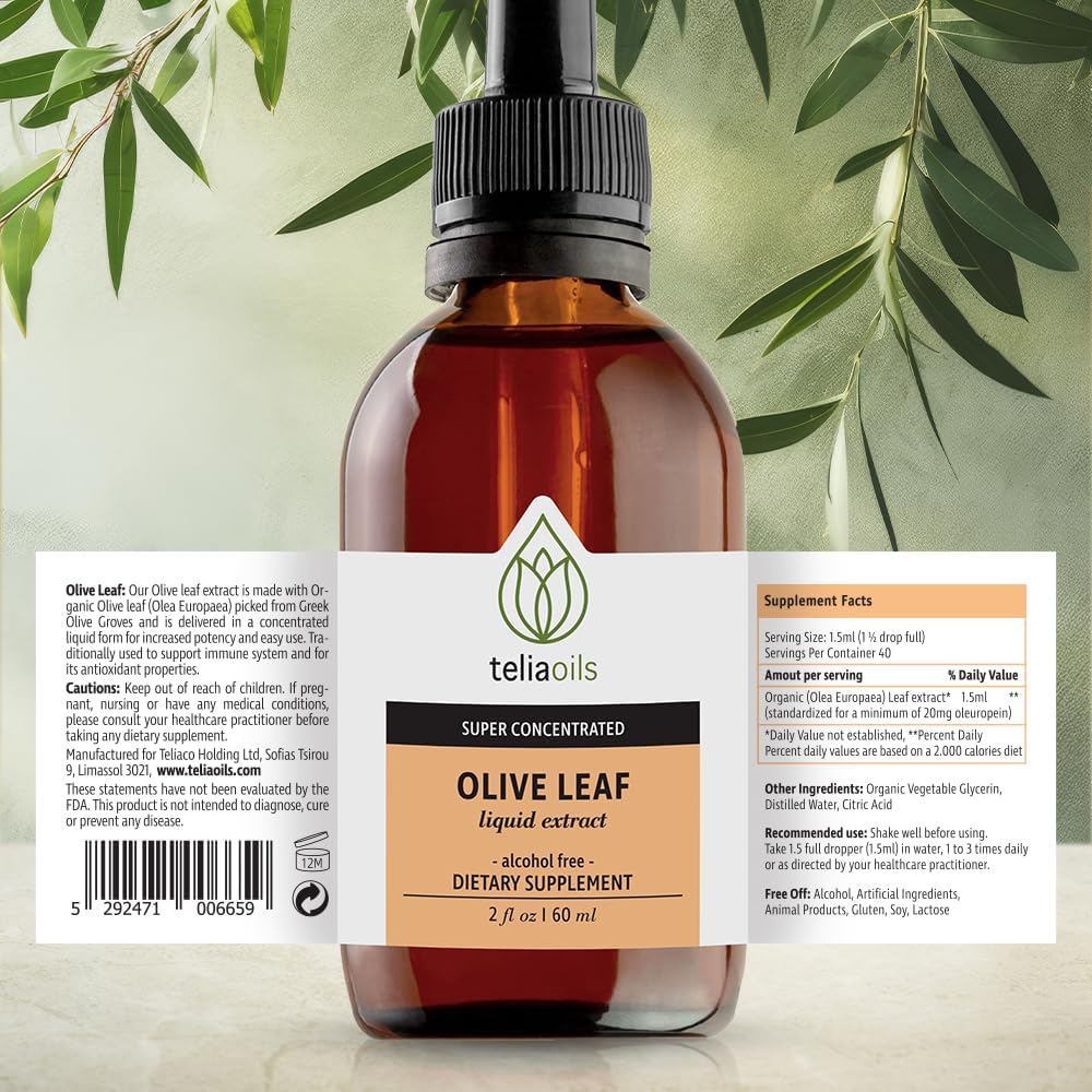 Organic Greek Olive Leaf Glycerin Extract with Antioxidant Oleuropein - Pure, Potent, Non-GMO, Vegan, Gluten-Free - Alcohol-Free - 2 fl oz