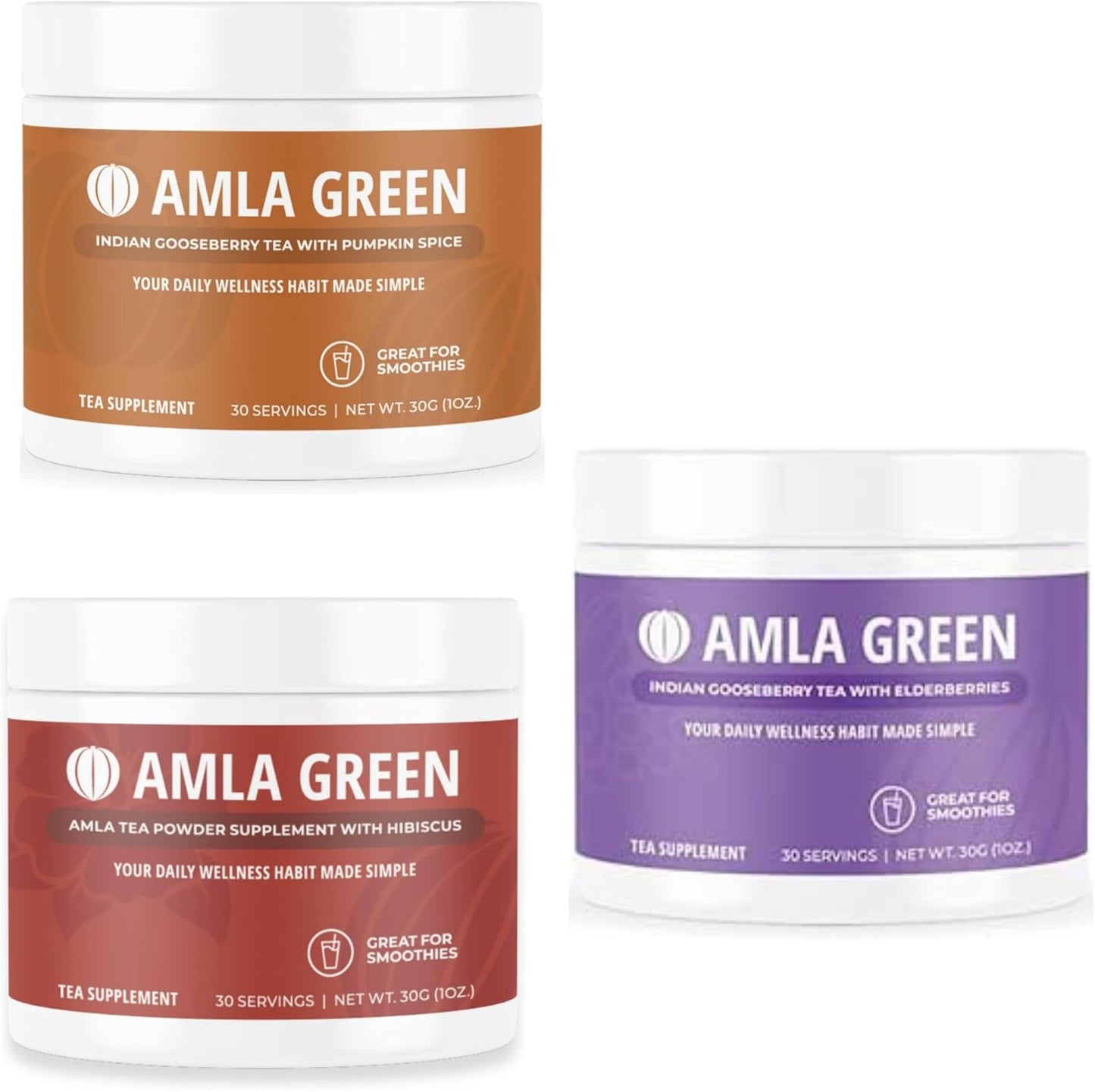 Organic Green Amla Powder Supplement with Green Tea, Pumpkin Spice, Hibiscus, Elderberry - Vegan Superfood with 30 Servings