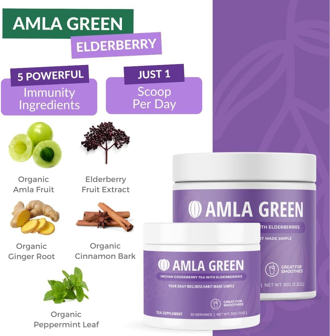 Organic Green Amla Powder Supplement with Green Tea, Pumpkin Spice, Hibiscus, Elderberry - Vegan Superfood with 30 Servings