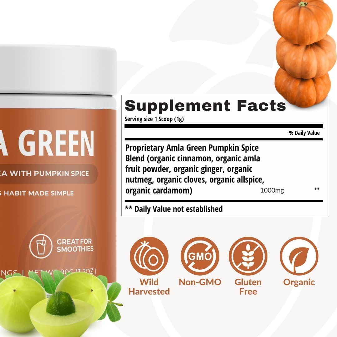 Organic Green Amla Powder Supplement with Green Tea, Pumpkin Spice, Hibiscus, Elderberry - Vegan Superfood with 30 Servings