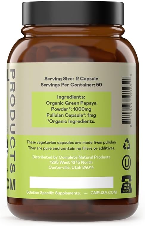 Organic Green Papaya Enzyme Capsules - 500mg 100 Pills - Digestive Super Fruit Supplement
