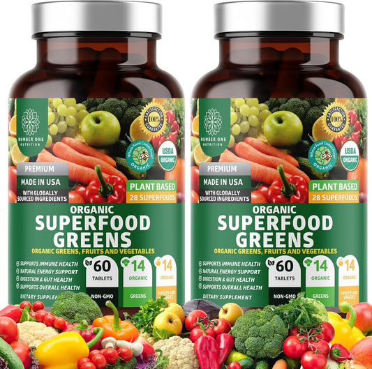 Organic Green Superfood & Fruit/Veggie Supplement - 2-Pack with 28 Powerful Ingredients for Energy, Immunity, Digestion - Made in USA - 120 Ct.