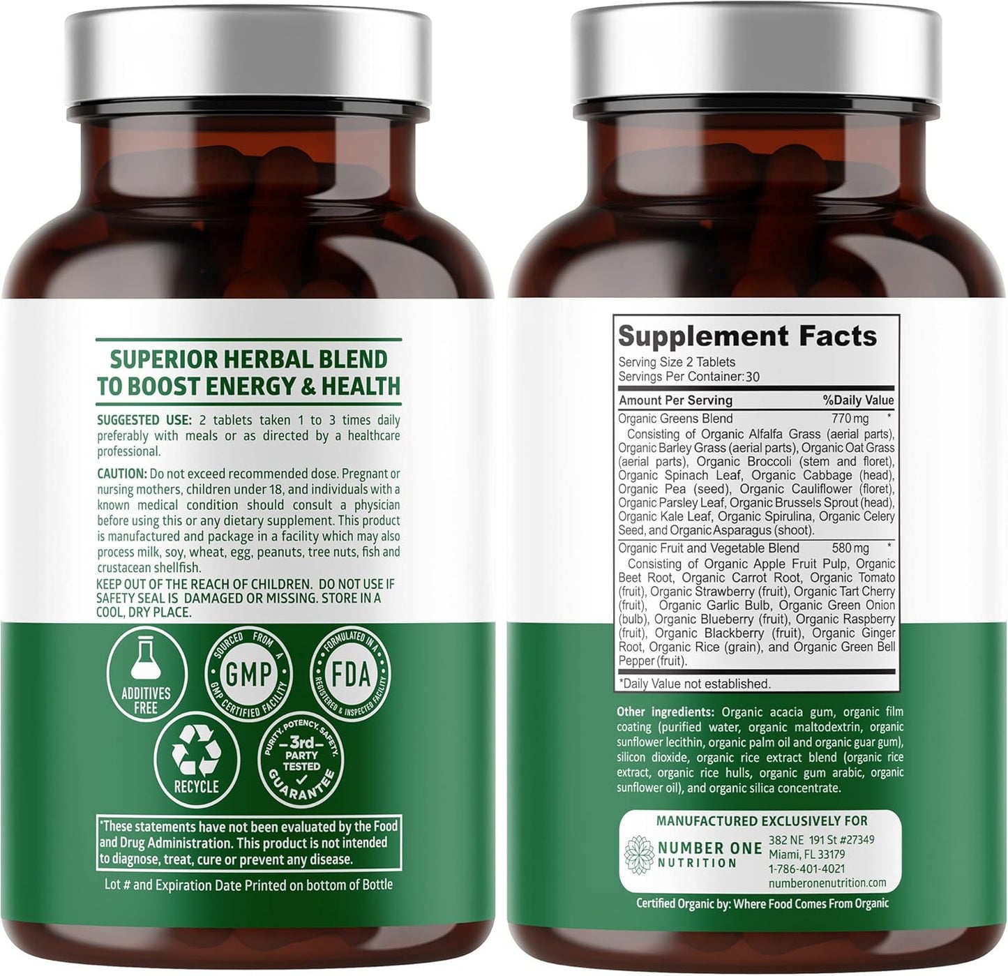 Organic Green Superfood & Fruit/Veggie Supplement - 2-Pack with 28 Powerful Ingredients for Energy, Immunity, Digestion - Made in USA - 120 Ct.