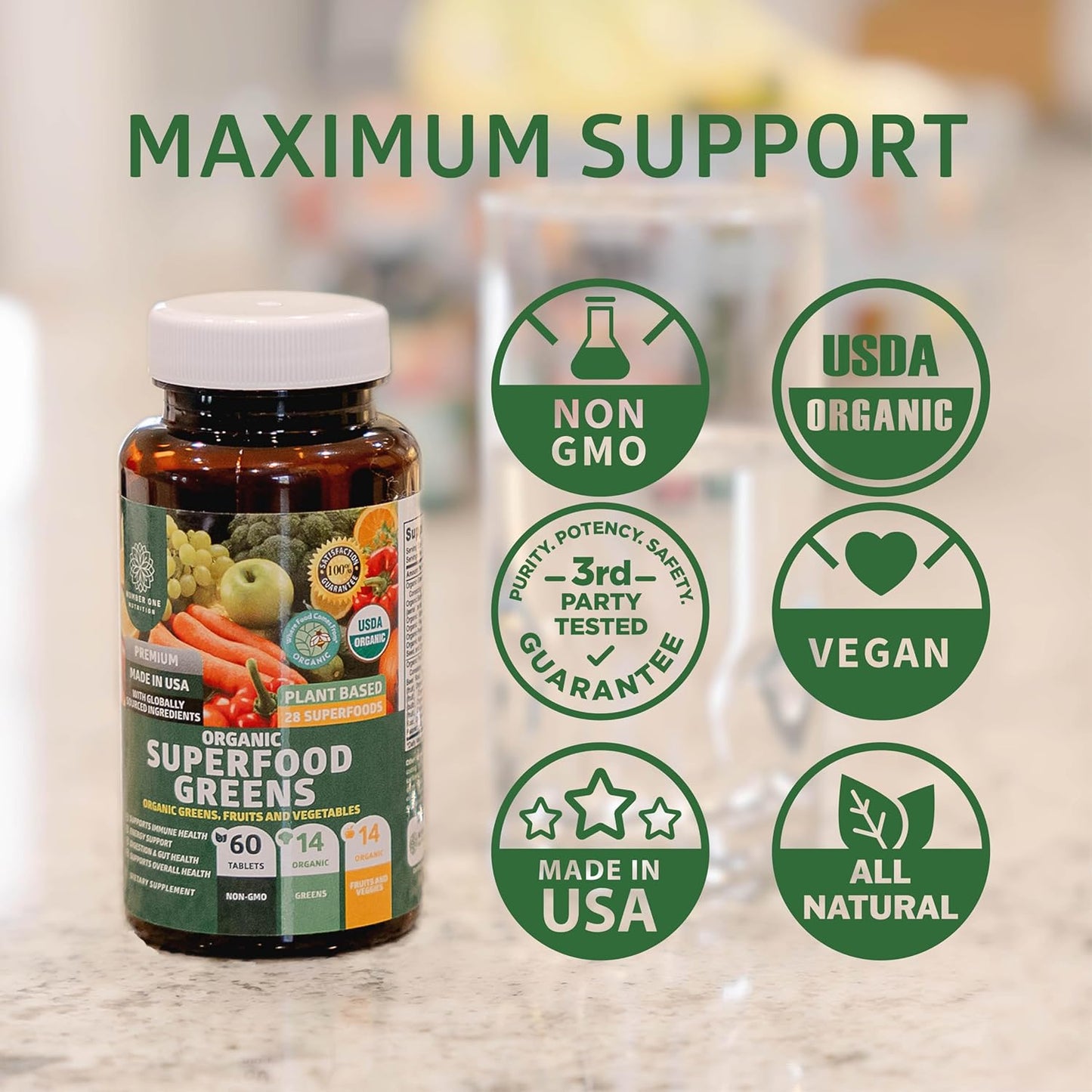 Organic Green Superfood & Fruit/Veggie Supplement - 2-Pack with 28 Powerful Ingredients for Energy, Immunity, Digestion - Made in USA - 120 Ct.