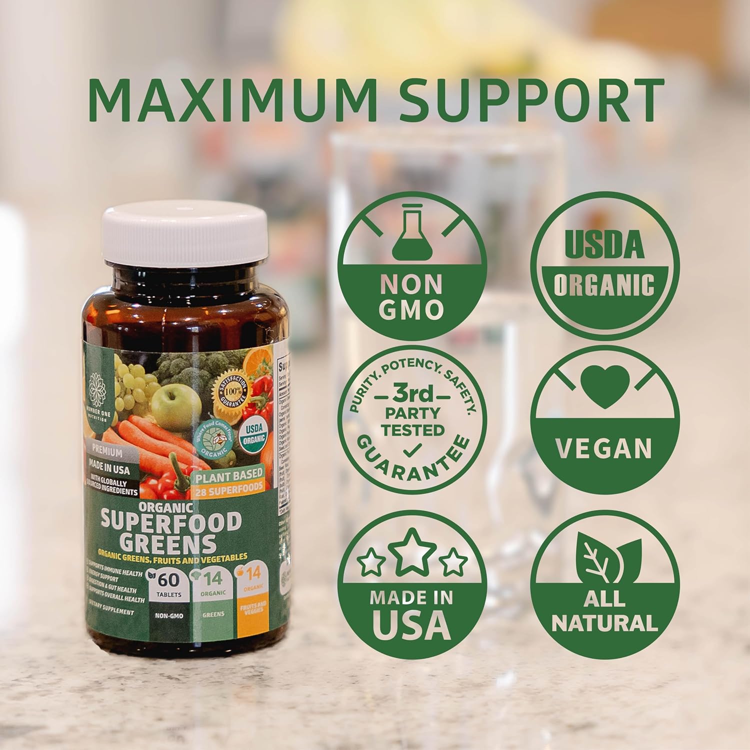 Organic Green Superfood & Fruit/Veggie Supplement - 2-Pack with 28 Powerful Ingredients for Energy, Immunity, Digestion - Made in USA - 120 Ct.