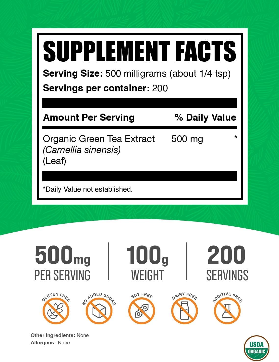 Organic Green Tea Extract Powder - Herbal Supplement, Vegan & Gluten Free, 500mg per Serving, 100g (3.5 oz) - Bulk Size