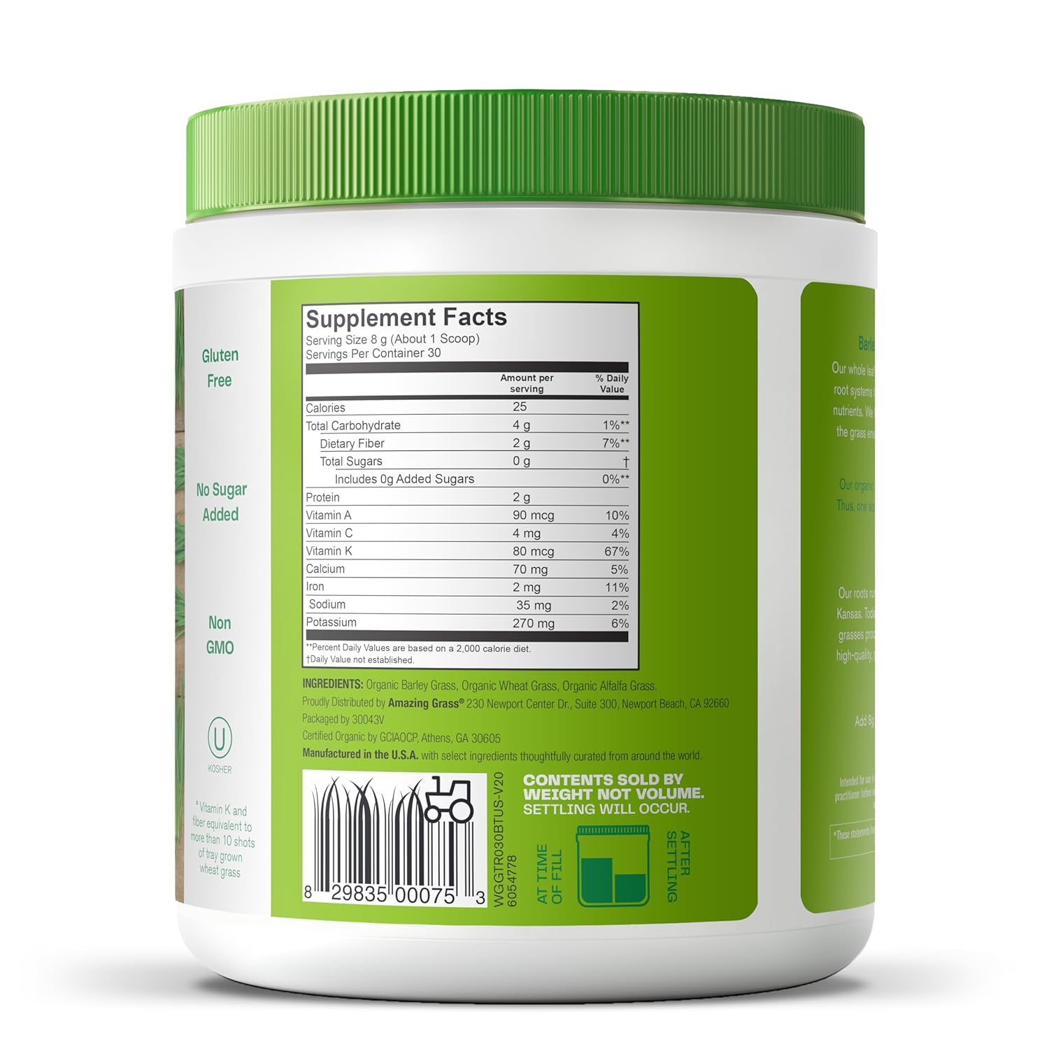 Organic Greens Powder Blend with Wheatgrass, Alfalfa, & Barley Grass - Rich in Chlorophyll - 30 Servings