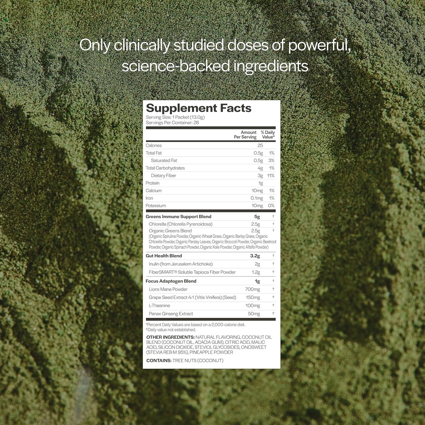 Organic Greens Powder with L Theanine for Gut Health, Energy, Focus, and Immune Support - Coconut Pineapple Flavor, 28 Packets